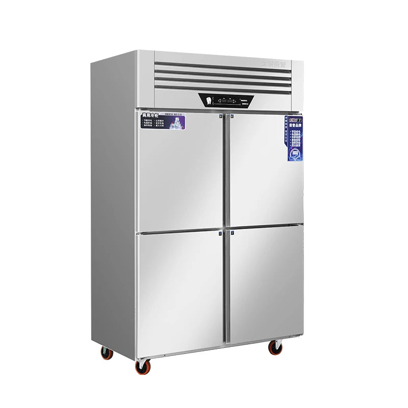Ansoff commercial double-temperature upright refrigerator with four doors, stainless steel finish, and digital temperature controls.