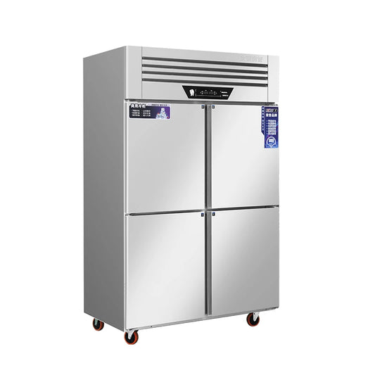 Ansoff commercial double-temperature upright refrigerator with four doors, stainless steel finish, and digital temperature controls.