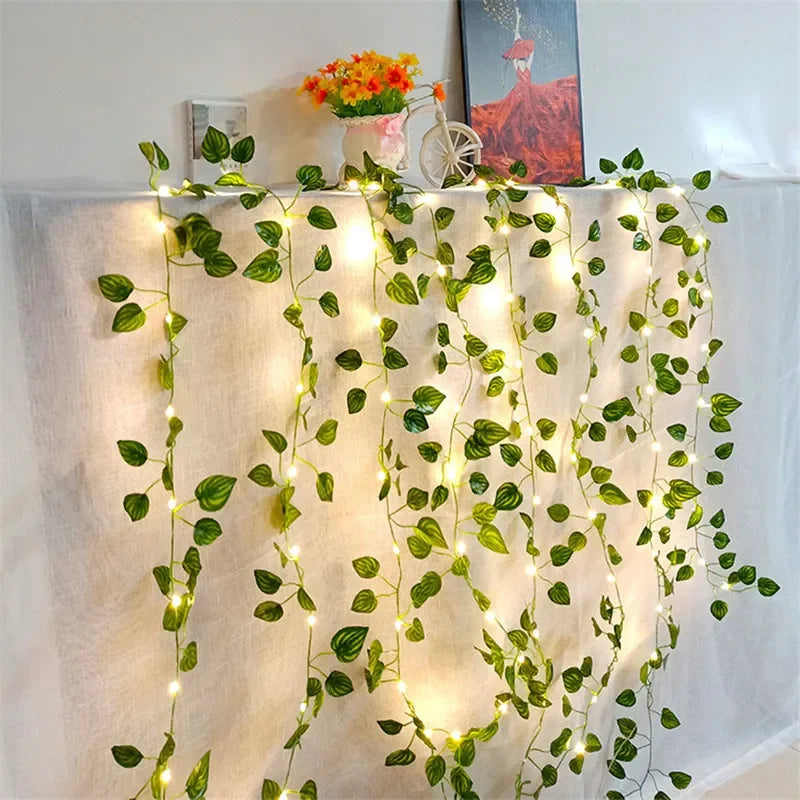 Flower Green Leaf String Lights Artificial Vine Fairy Lights Battery Powered Christmas Tree Garland Light for Weeding Home Decor - Acros