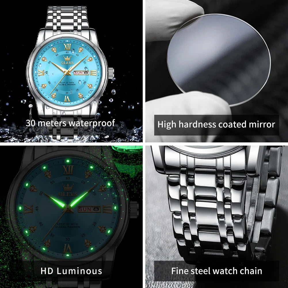 OLEVS Man Watches Original Waterproof Luminous Quartz Watch Week Date Watches For Man Gifts Box Steel Strap 5513 - Acros