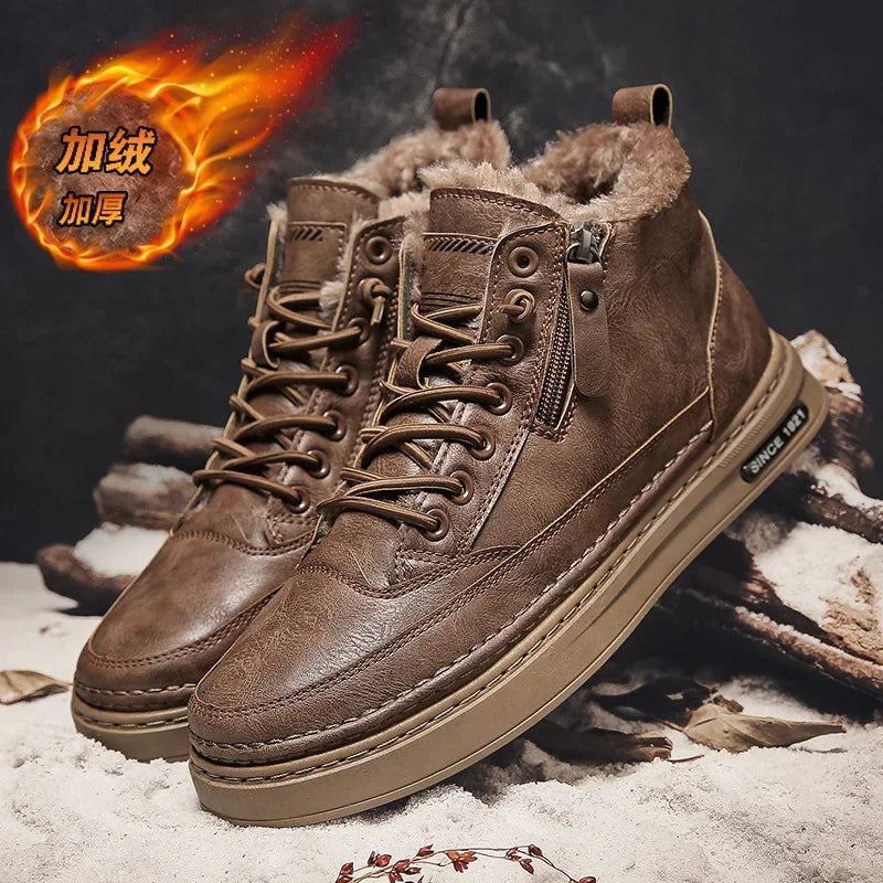 Ansoff leather men's winter boots with warm fur lining, ankle height, lace-up design, casual and work style for 2023.
