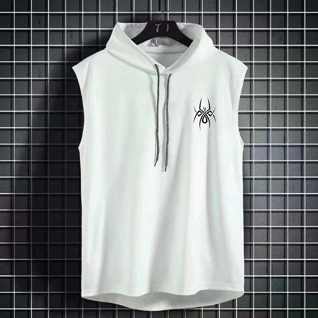 Summer hooded sweatshirt new men's sleeveless loose T-shirt solid color lightweight hooded sweatshirt fitness breathable collar