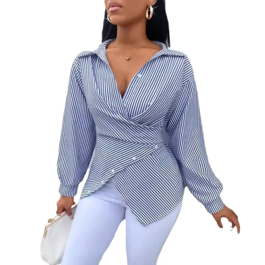 Women's striped printed long-sleeve casual blouse by Ansoff, featuring a loose, irregular cross design for spring and summer.