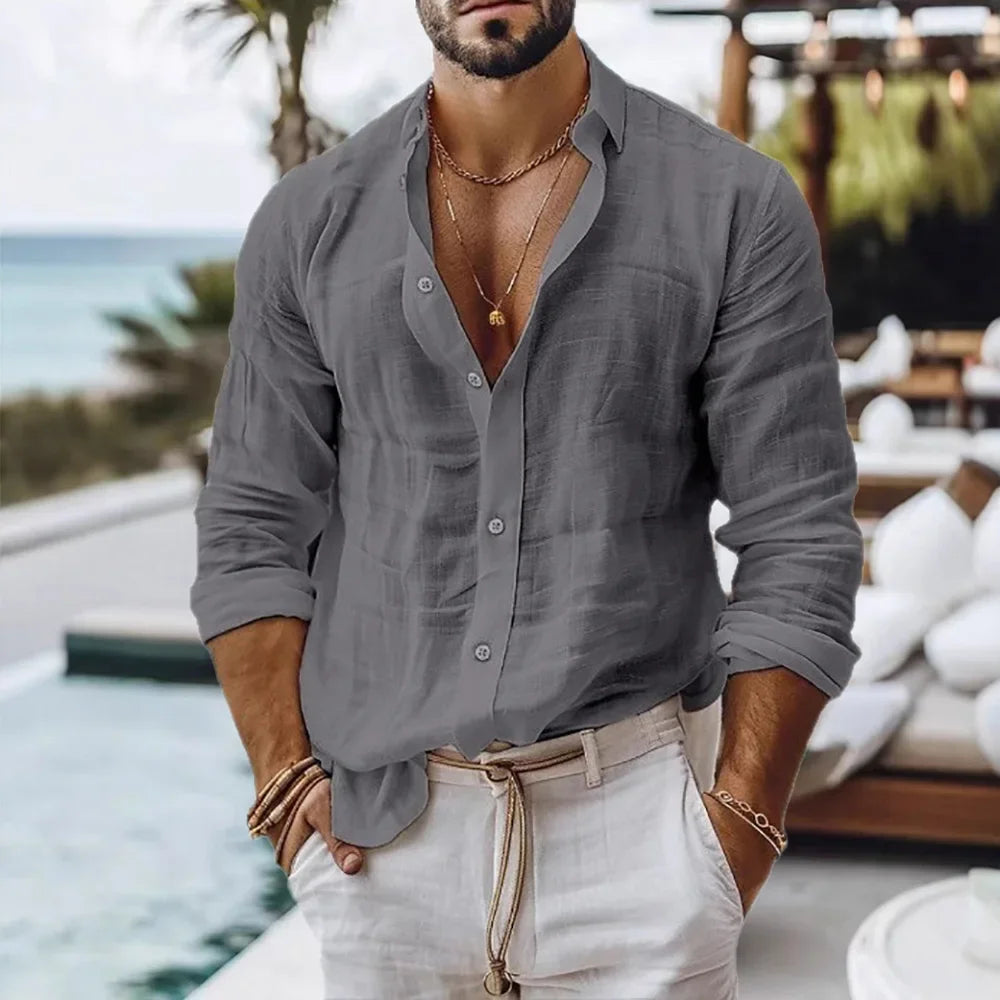 Men's lightweight cotton linen shirt by Ansoff, breathable summer beach style button-up top in solid color.