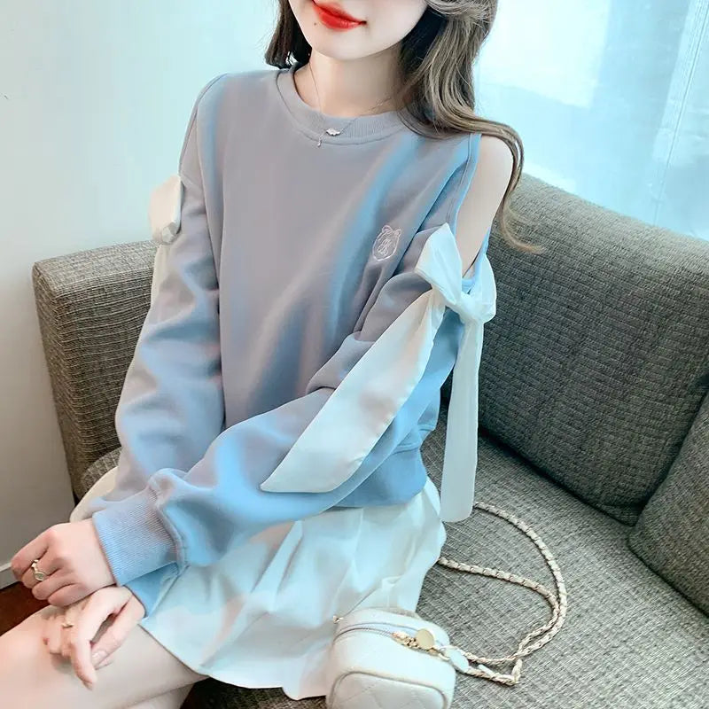 Off The Shoulder Sweatshirt For Women Harajuku Fashion Youthful Clothes Sport Essential New In Basic Blue Woman Pullover Tops - Acros