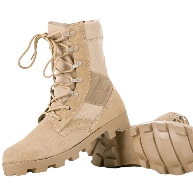 Ansoff men's high-top military combat boots with rugged design, desert camouflage, and tactical anti-slip soles for outdoor hiking and training.