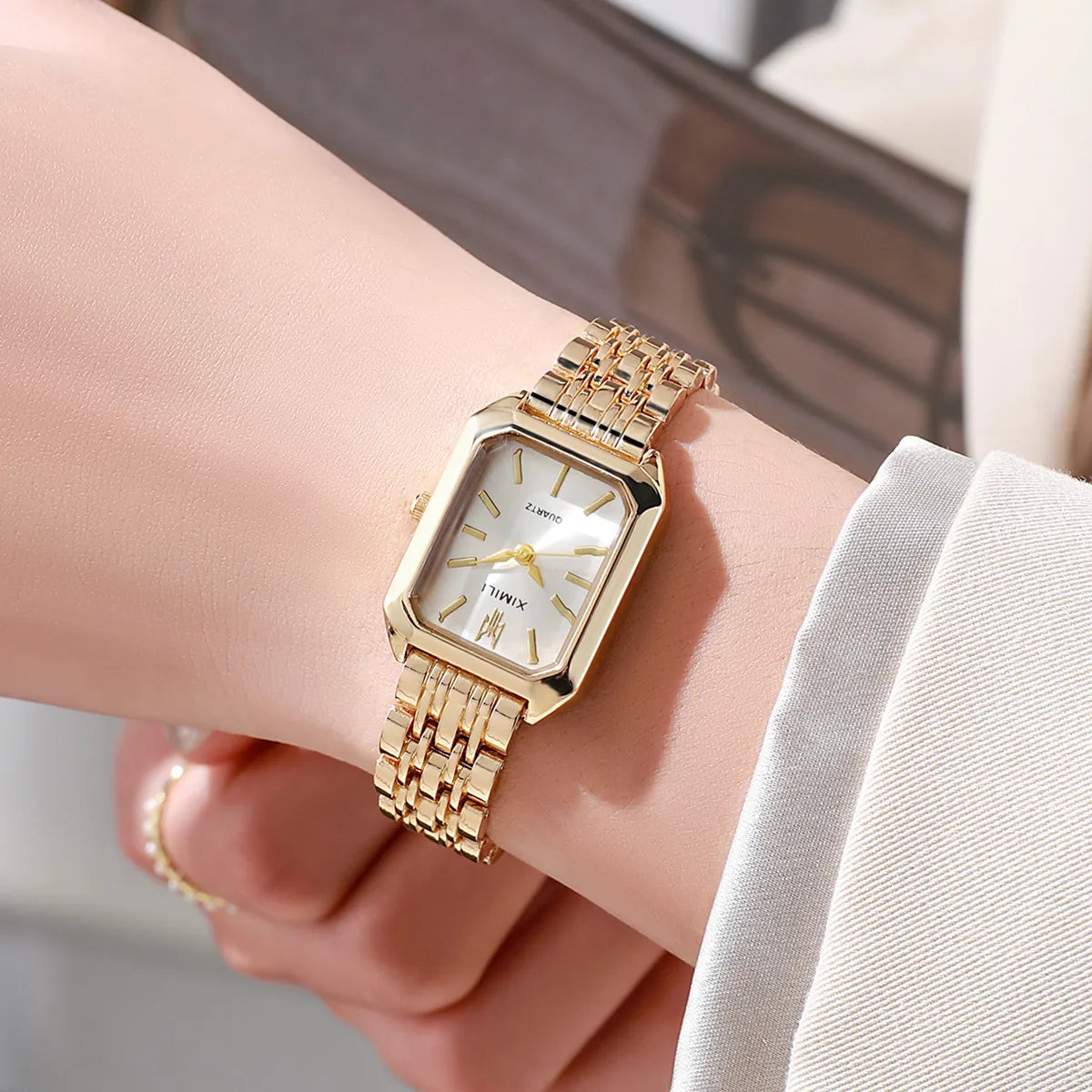 Women Watches Business Luxury Ladies Fashion Quartz Watch Simple Scale Square Quality Gold Plated Stainless Steel Folding Clock - Acros