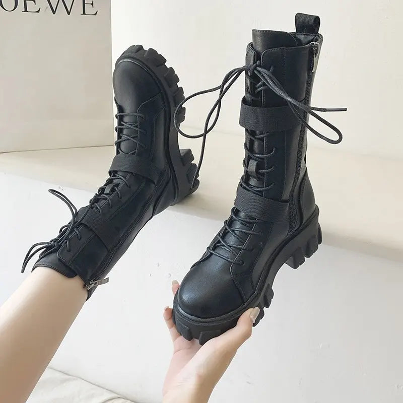 Ansoff women's leather motorcycle boots with high heels, non-slip sole, knee-high design, and stylish platform for women.