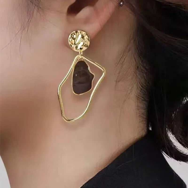 Vintage Geometry Irregular Eardrop Personality Asymmetry Dripping Oil Earrings for Women Fashion Daily Commuting Jewelry Gifts - Acros
