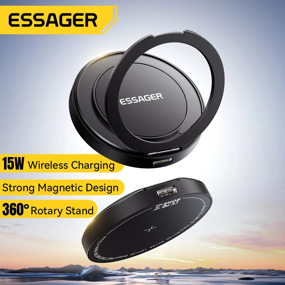 Essager Magnetic Wireless Charger With Holder 15W Fast Charging For iPhone17 16 15 14Pro Max Airpods Mini Wireless Phone Charger