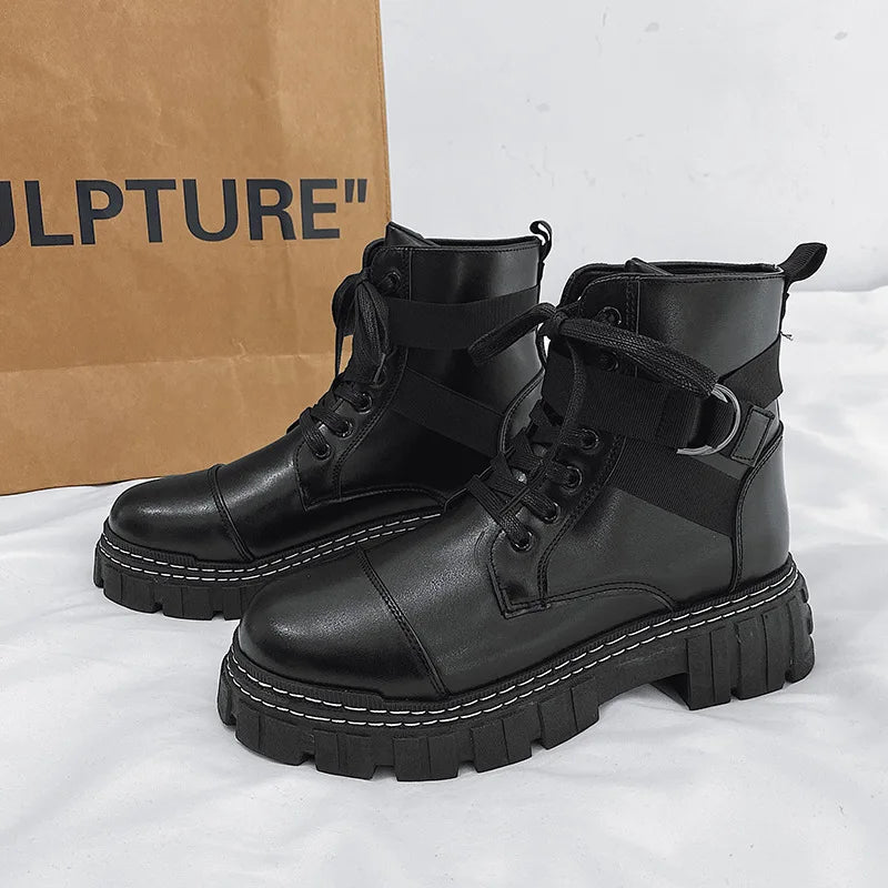 Men's black leather high-top British fashion work boots by Ansoff, featuring rugged style and durable construction for daily wear.