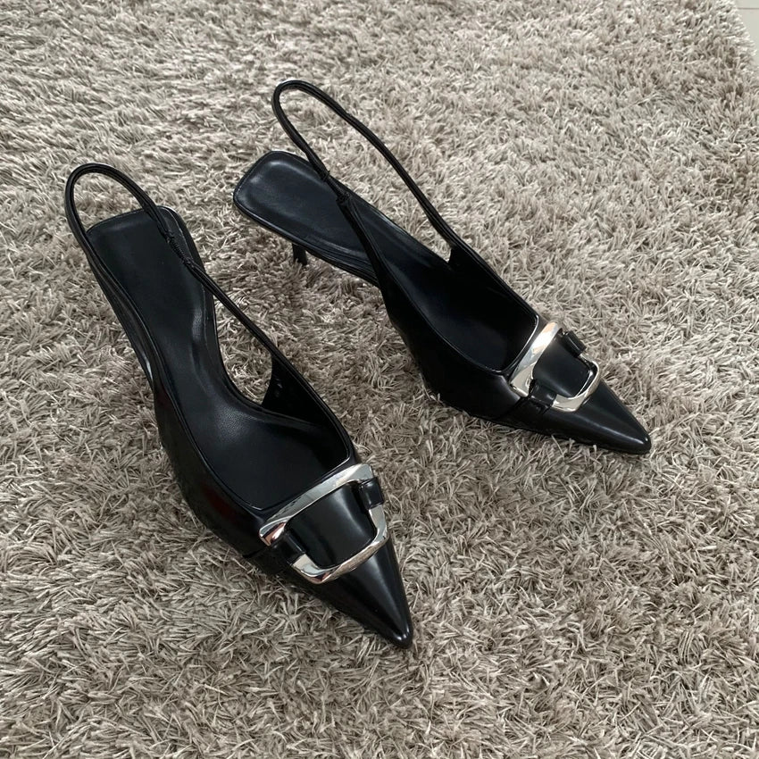 2025 New Shoes Black Leather Shoes Woman Pumps Slingbacks Pointed Toe High Heels Stiletto Sexy Party Shoes Women Heels - Acros
