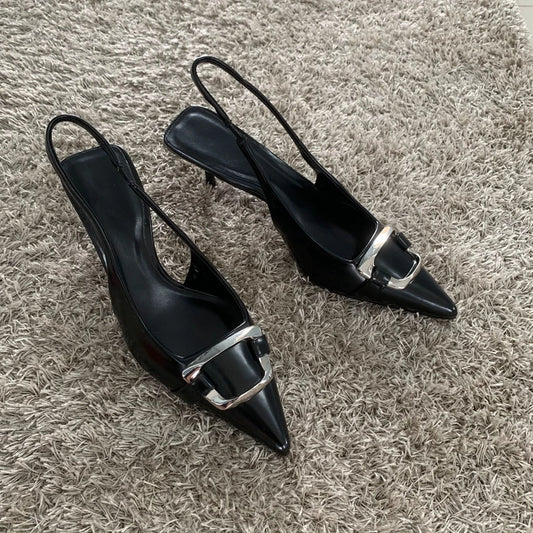 2025 New Shoes Black Leather Shoes Woman Pumps Slingbacks Pointed Toe High Heels Stiletto Sexy Party Shoes Women Heels - Acros