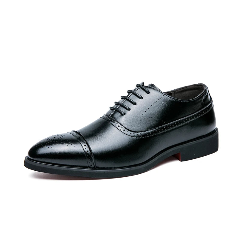 Red sole men's Oxford shoes by Ansoff with carved brogue design, lace-up style, suitable for business casual, party, or daily wear.