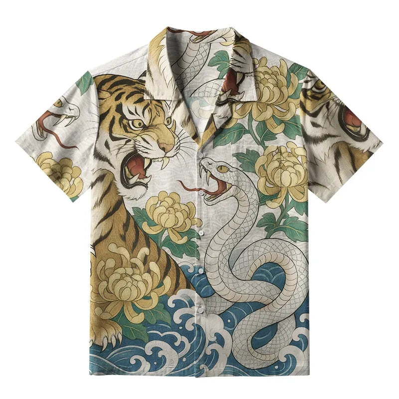 Ansoff men's Hawaiian shirt with tiger print, casual loose fit, breathable fabric, button-up beach fashion top.