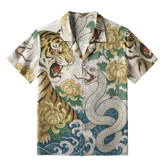Ansoff men's Hawaiian shirt with tiger print, casual loose fit, breathable fabric, button-up beach fashion top.