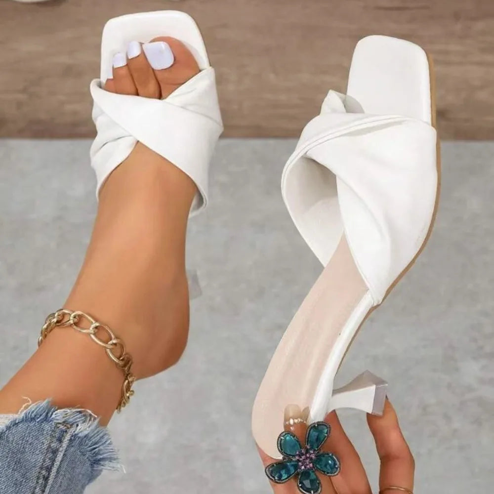 Ansoff women's summer high heels with square open toe design, handmade outdoor fashion slippers for wedding and party occasions.