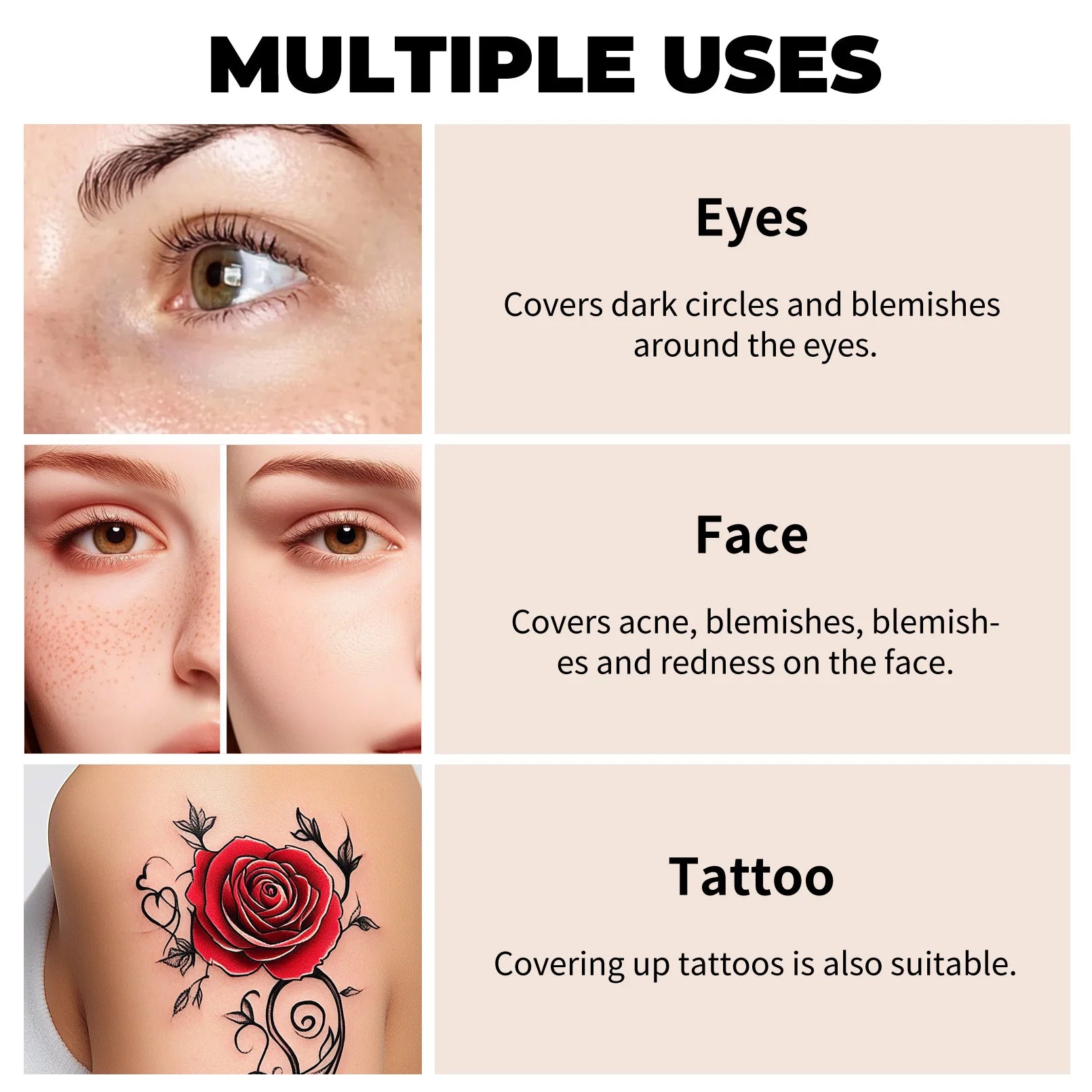 Ansoff waterproof full coverage concealer for tattoos and scars, natural finish foundation suitable for all skin tones and types.