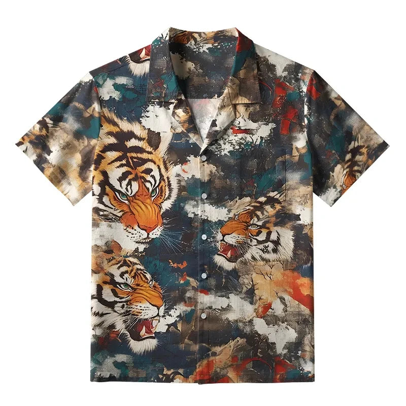 Ansoff men's Hawaiian casual shirt with tiger print, loose fit, breathable fabric, buttons, perfect for beach and holiday wear.