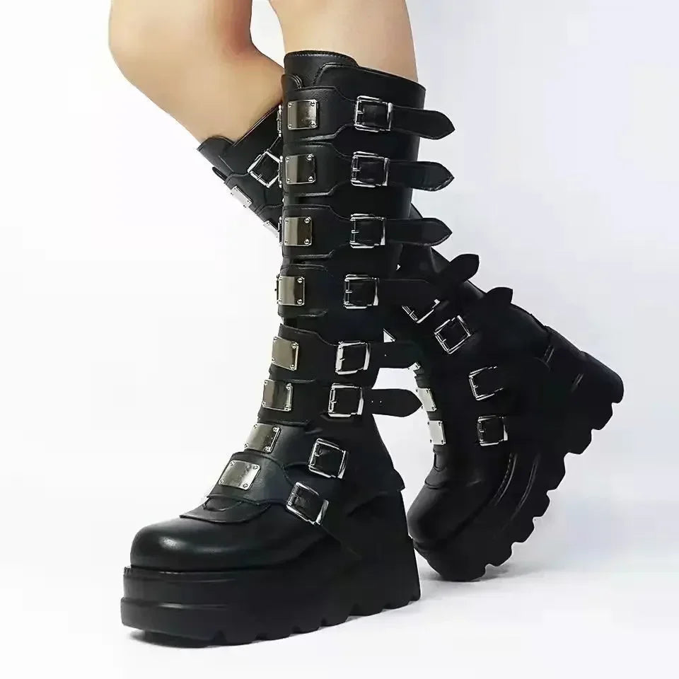 Gothic Shoes Platform Knee High Punk Black Sexy Motorcycles 2023 New Halloween Cosplay 2024 Shoes for Women Zapatos De Mujer - Acros