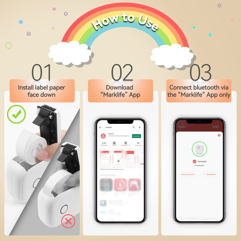Portable Mini Printer Marklife P12 Thermal Printer Adhesive Sticker Labeling Machine P12 Label Maker or 1PK Continues Label Tape - Acros