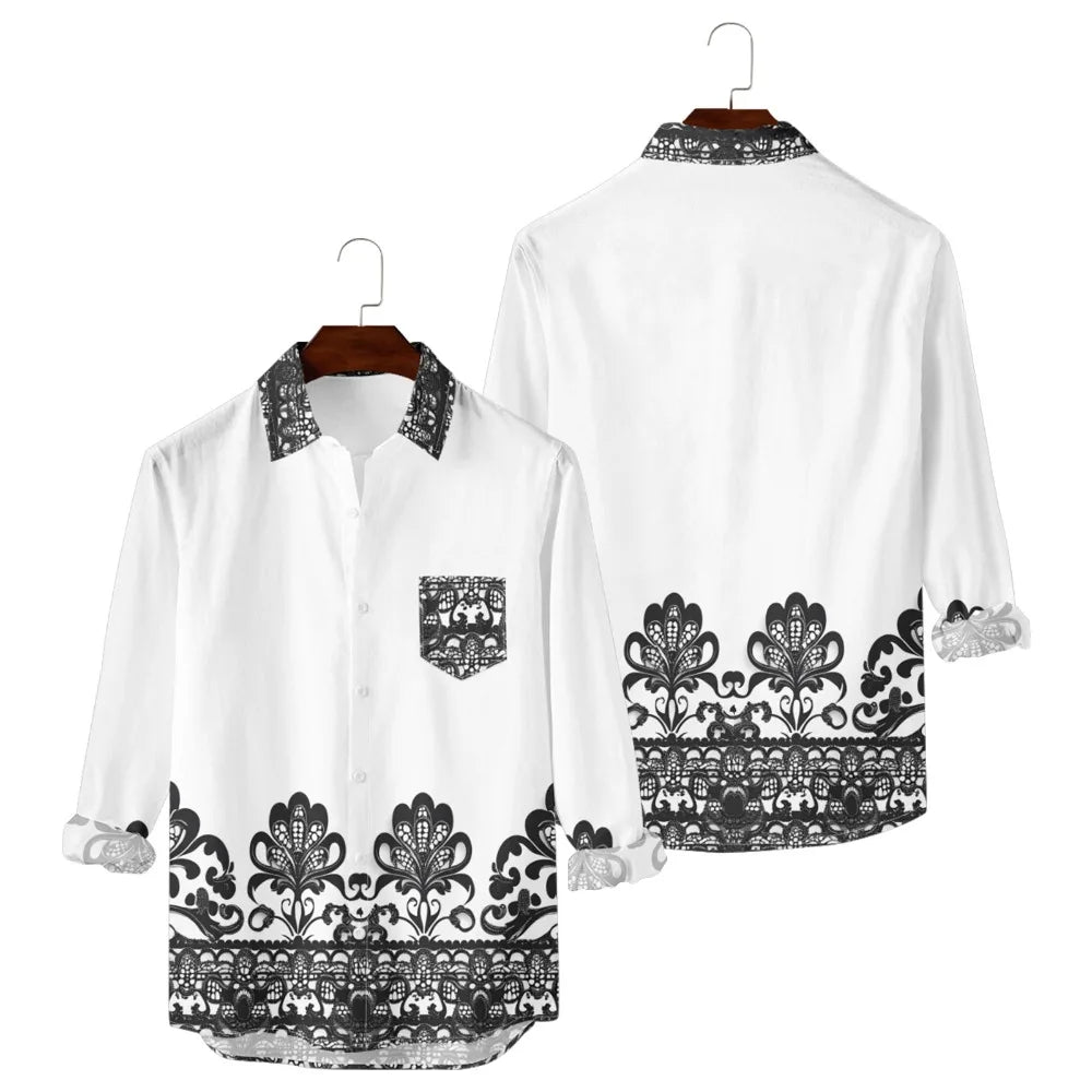 Ansoff Hawaiian button-up shirt with retro floral print, long sleeves, casual streetwear style for men, suitable for resort and travel.