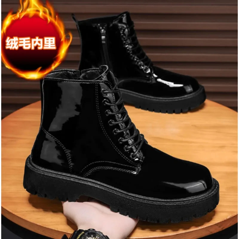 Ansoff men's black leather high top platform motorcycle boots with lace-up design and casual British style.