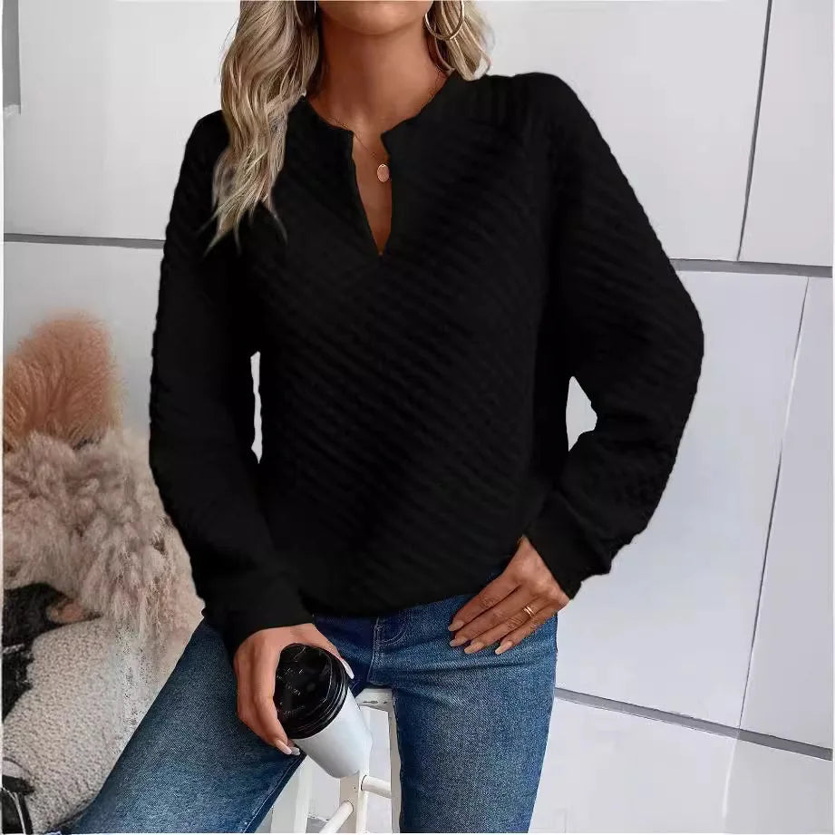 Women Sweatshirt 2025 Spring Autumn Latest Fashion Solid Color Deep V-Neck Pullover Long Sleeved Casual Hoodie Loose Sporty Top - Acros