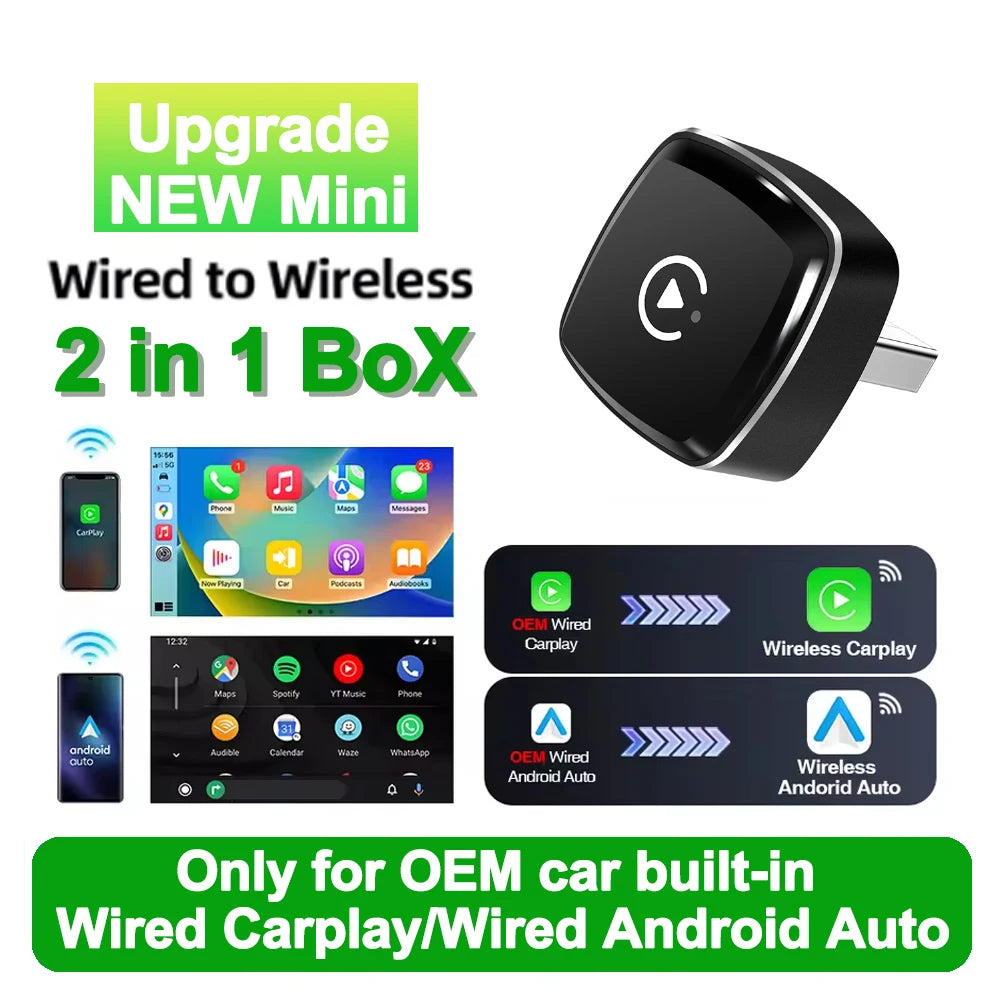 NEW 2in1 Wireless CarPlay AI Mini Android Auto Box Plug&Play Automatic Connection Compatible with 99% of Cars For Car Radio - Acros