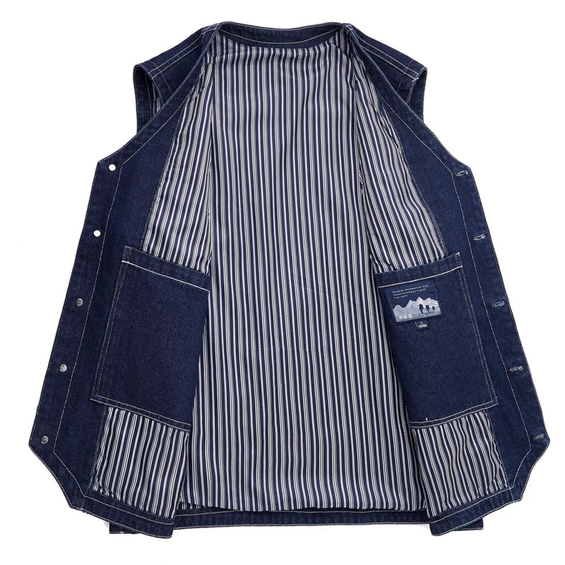 Men Jean Vest Outerwear Denim Waistcoat Multi-pocket Cargo Denim Jacket Blue Sleeveless Coat Retro Fashion Motorcycle Vest