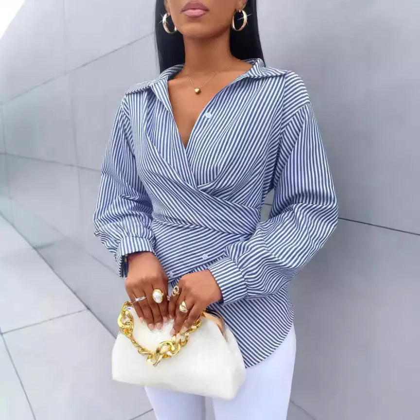 Ansoff women's long-sleeved striped printed spring-summer blouse with a loose fit, irregular cross design, casual fashion top.