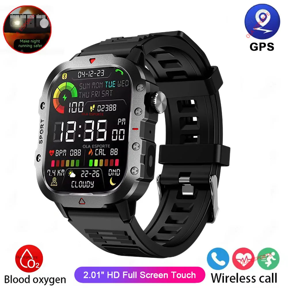 Ansoff 2026 rugged military smartwatch with 2.01-inch HD touch screen, LED flashlight, Bluetooth call, and outdoor features.