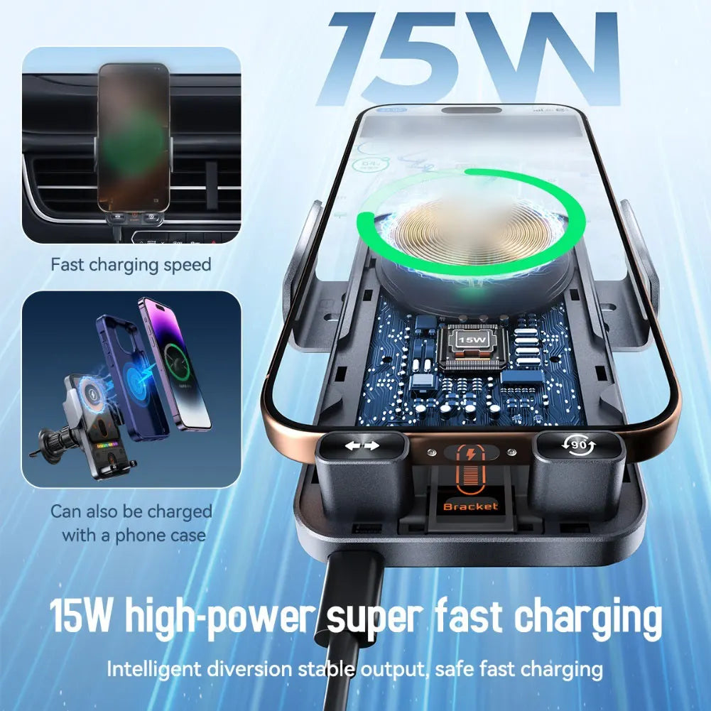 Car Wireless Charger 15W with Automatic Clamping Phone Holder and One Button Operation for Convenient Charging