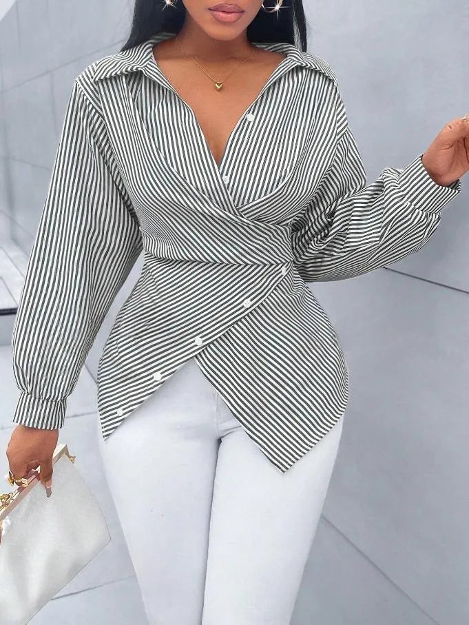 Women's striped printed casual blouse by Ansoff featuring long sleeves, irregular cross design, and a loose spring-summer fit.