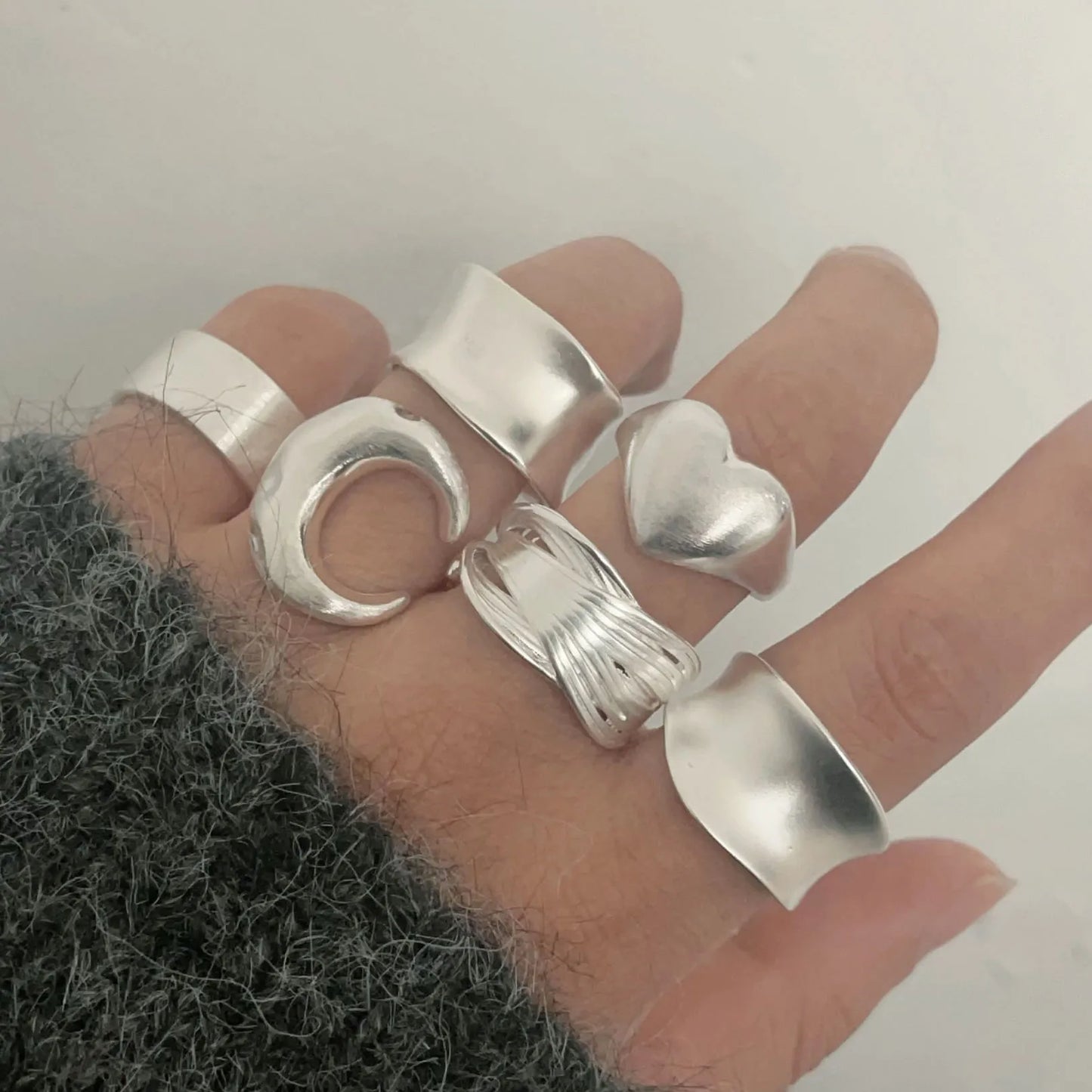 Ansoff 925 sterling silver minimalist wide moon rings set for women, featuring simple, handmade jewelry for parties and allergy prevention.