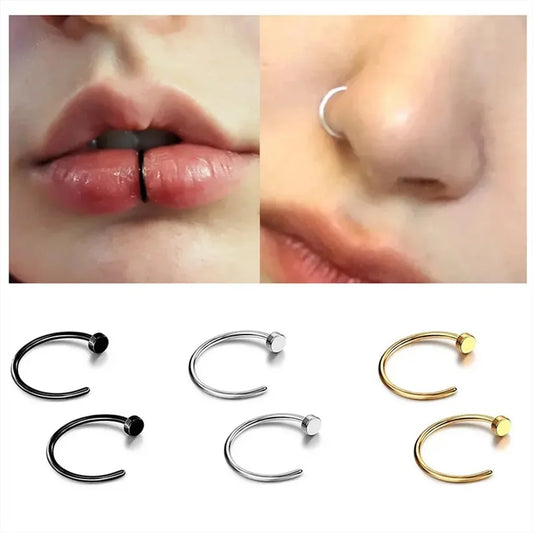 Set of 2/10 stainless steel clip-on and labret nose rings for women and men, piercing jewelry in various styles by Ansoff