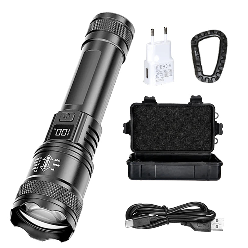 Rechargeable LED Flashlight Zoomable Torch with LCD Display 3 Modes Waterproof High Power Hand Light Outdoor Wilderness Camping - Acros