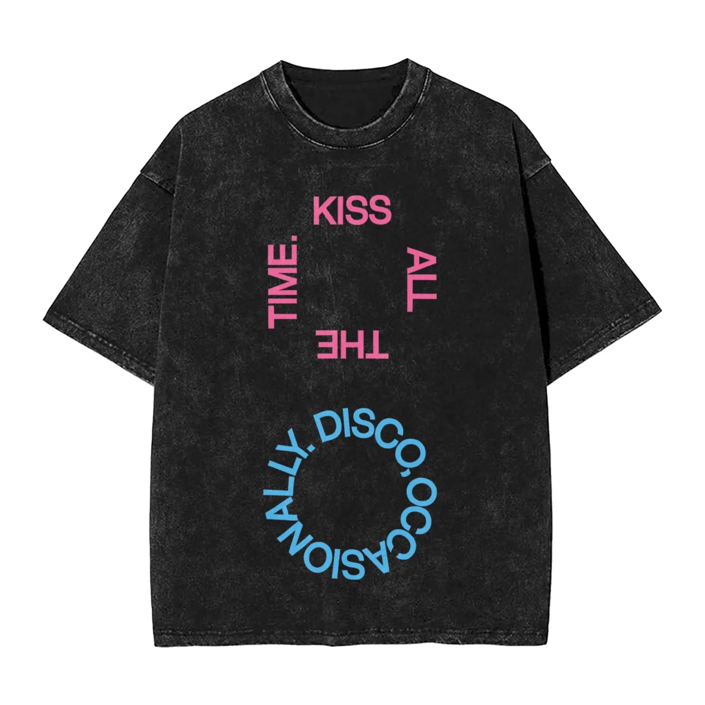 Ansoff Harry Styles Kiss All The Time Disco washed short sleeve streetwear T-shirt for men and women, featuring bold graphic design.