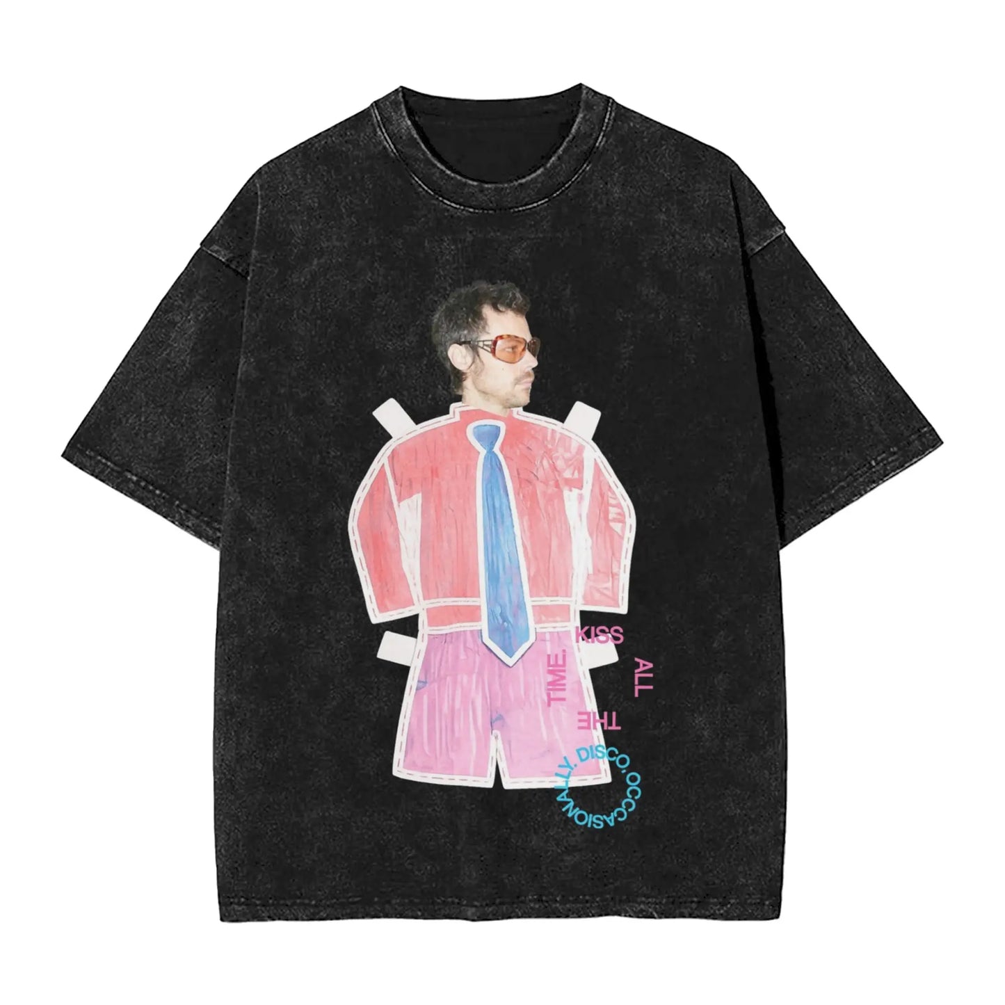 Ansoff Harry Styles Kiss All The Time washed short sleeve streetwear T-shirt with disco-inspired design, worn by a model.