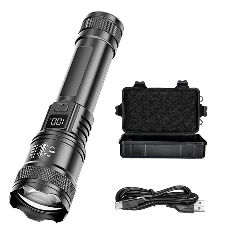 Rechargeable LED Flashlight Zoomable Torch with LCD Display 3 Modes Waterproof High Power Hand Light Outdoor Wilderness Camping - Acros