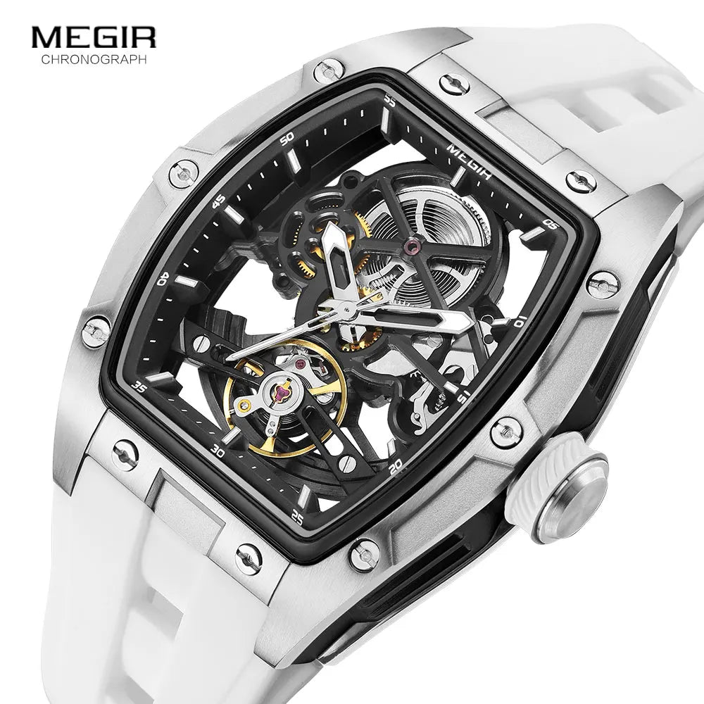 MEGIR Men's Automatic Mechanical Watch with Stainless Steel Case Silicone Band Skeleton Dial Waterproof Sport Wristwatch - Acros