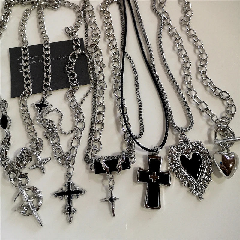 Punk Rock Black Heart Cross Pendant Chain Necklace For Men Women Cool Hip Hop Street Vintage 90s Y2K Grunge Goth Accessories - Acros