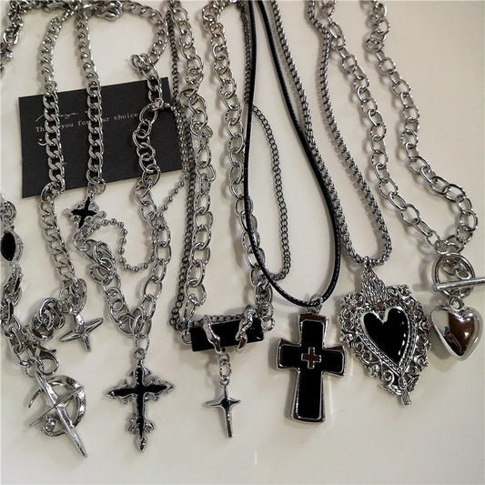 Punk Rock Black Heart Cross Pendant Chain Necklace For Men Women Cool Hip Hop Street Vintage 90s Y2K Grunge Goth Accessories - Acros