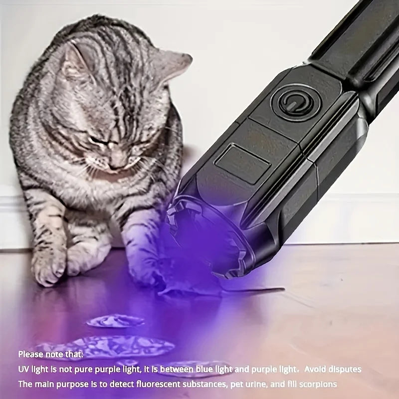 Ansoff portable UV395NM flashlight with zoomable ABS body, three modes, used for camping, pet stains, and fluorescent detection.