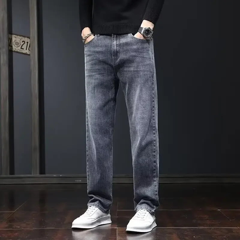 2025 New Men Fashion Loose Straight Elasticity Jeans Male Wear-resistant Slim Fit Denim Pants Smart Casual Dark Gray Trousers