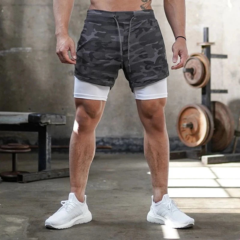 Men's camo running shorts by Ansoff, 2-in-1 gym sports shorts with quick-dry fabric for workout, training, and jogging.