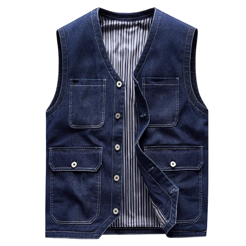 Men Jean Vest Outerwear Denim Waistcoat Multi-pocket Cargo Denim Jacket Blue Sleeveless Coat Retro Fashion Motorcycle Vest