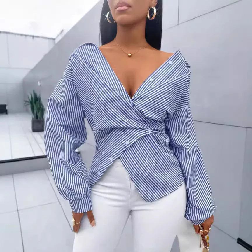 Women's striped printed spring summer blouse by Ansoff featuring loose fit, long sleeves, and irregular cross design.