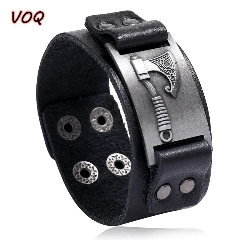 Ansoff VOQ retro Viking leather bracelet with wide band, Nordic design, adjustable punk bangle for men, featuring locomotive-style details.