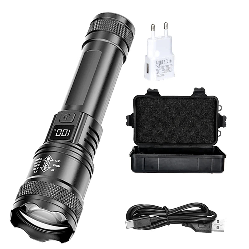Rechargeable LED Flashlight Zoomable Torch with LCD Display 3 Modes Waterproof High Power Hand Light Outdoor Wilderness Camping - Acros